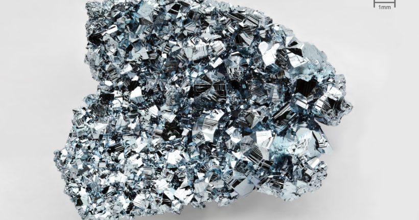 Crystallised osmium sample showing metallic blue grey crystal structure and unique micro crystal fingerprint at 1mm scale